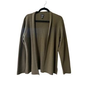 Eileen Fisher Cardigan Medium Green 100% Wool Open Front Minimalist Layering